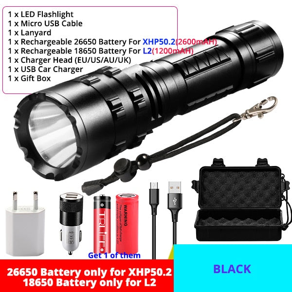 High Power XHP50.2 LED Flashlight Hunting Military Tactical Flash Light L2 Waterproof 18650 Torch 500M USB Lanterna Self Defence