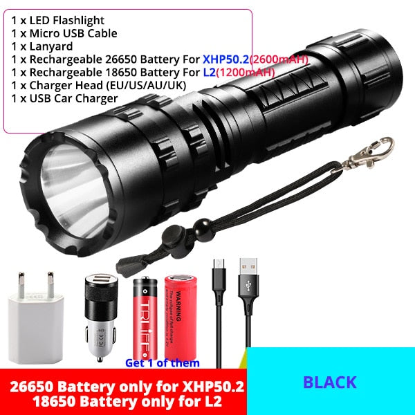 High Power XHP50.2 LED Flashlight Hunting Military Tactical Flash Light L2 Waterproof 18650 Torch 500M USB Lanterna Self Defence