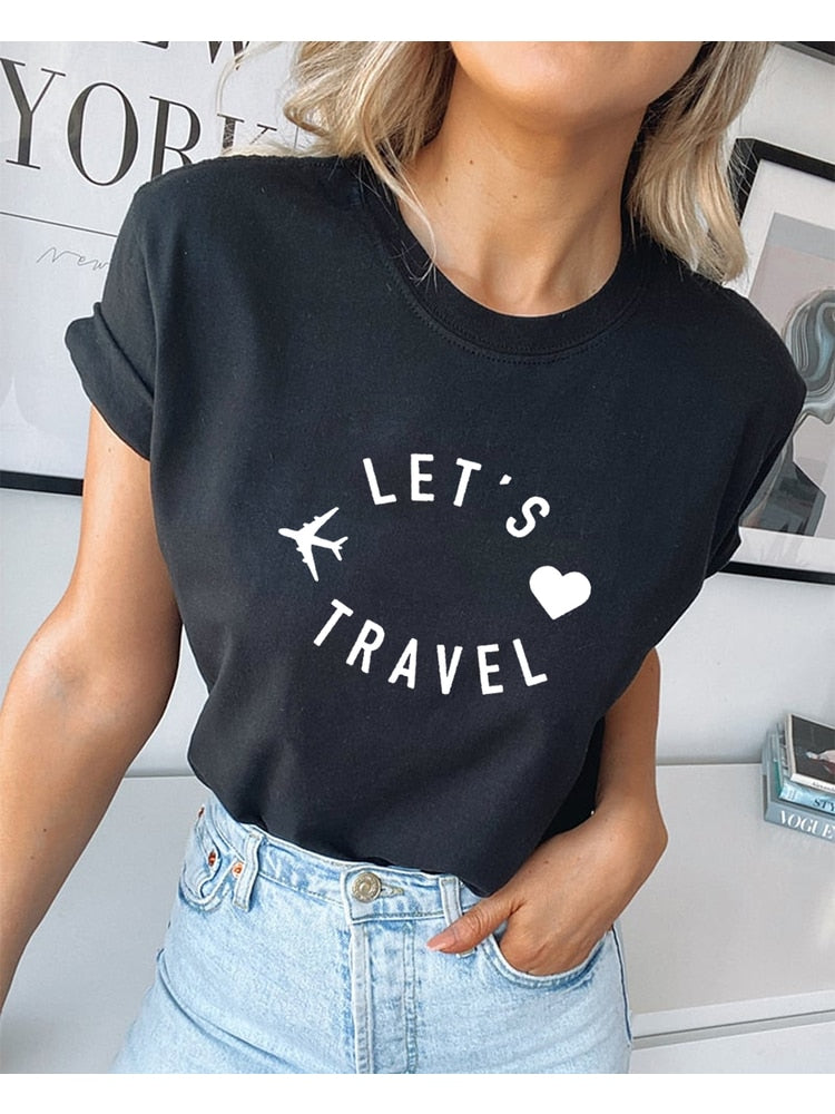 Let&#39;s Travel Print Women Aesthetic Harajuku T Shirts Casual Kawaii Summer Short Sleeve Trip Clothes Tees Tops Camisetas Mujer